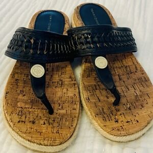 Tommy Hilfiger Black‎ Woven Thong Sandals Cork Flat Flip Flops Sz. 8.5